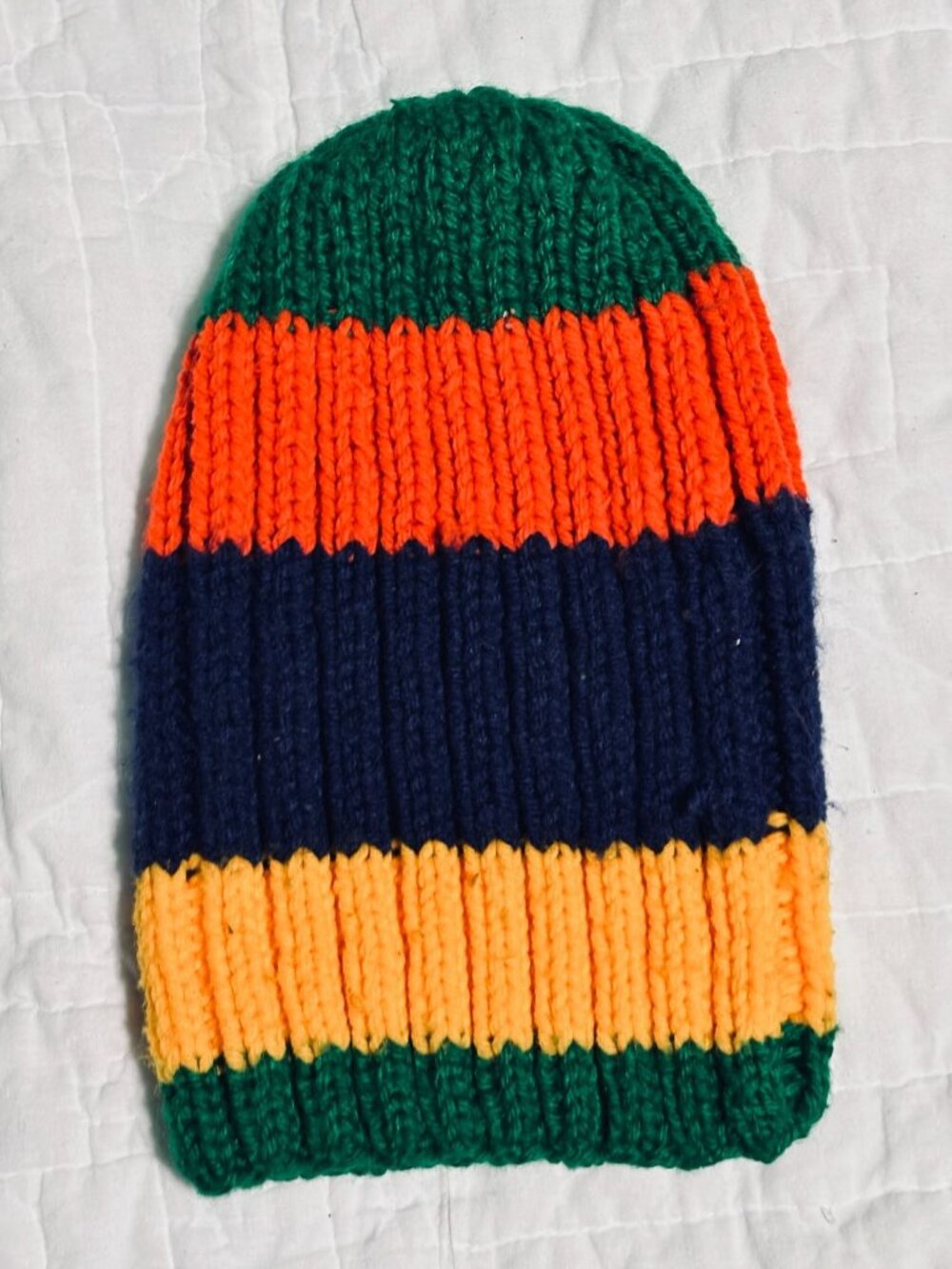 Striped Knit Beanie Hat In Green Orange Navy & Yellow - Warm & Stylish Winter Ac